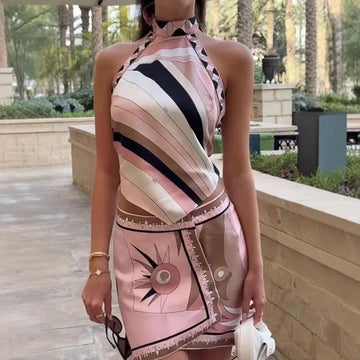 MQTIME  -   Spring Geometric Print Satin Outfits Woman Sexy Halter Lace-up Backless Top & Mini Skirt Sets Summer Hollow Irregular Suits